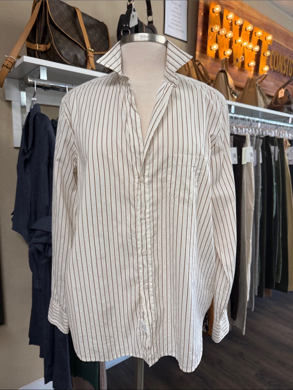 Frank & Eileen | Eileen Fit Cream and Tan Textured Long Sleve Button Down M